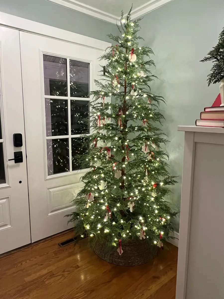 A simple lit evergreen adorned with white ornaments and red ribbons at an entry.