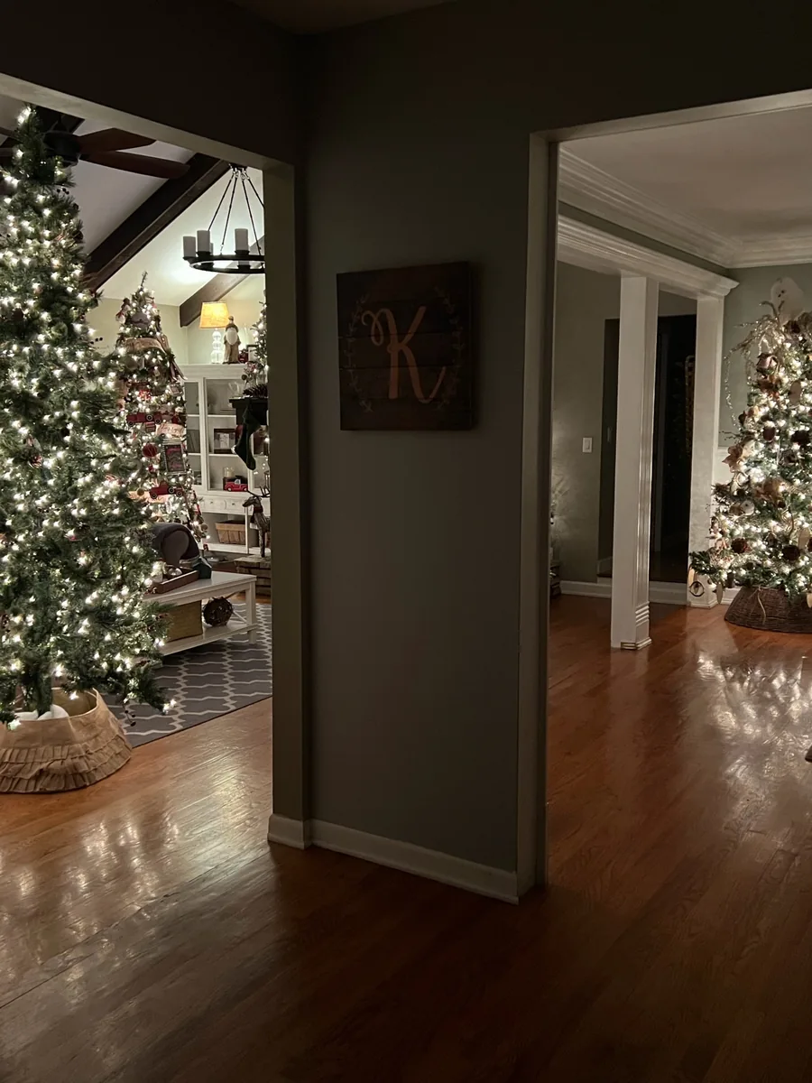 A home transformed with warmly lit Christmas trees in adjoining rooms.